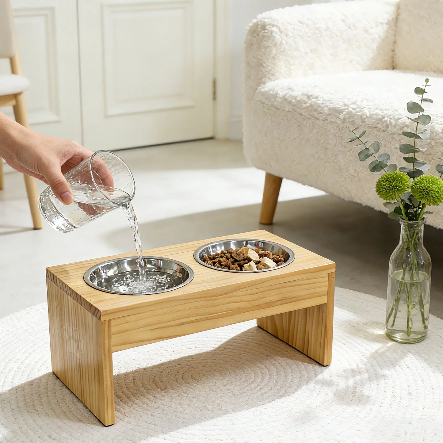 Wooden Elevated Dog Bowls Stainless Steel Double Bowls Non Slip Raised Feeder