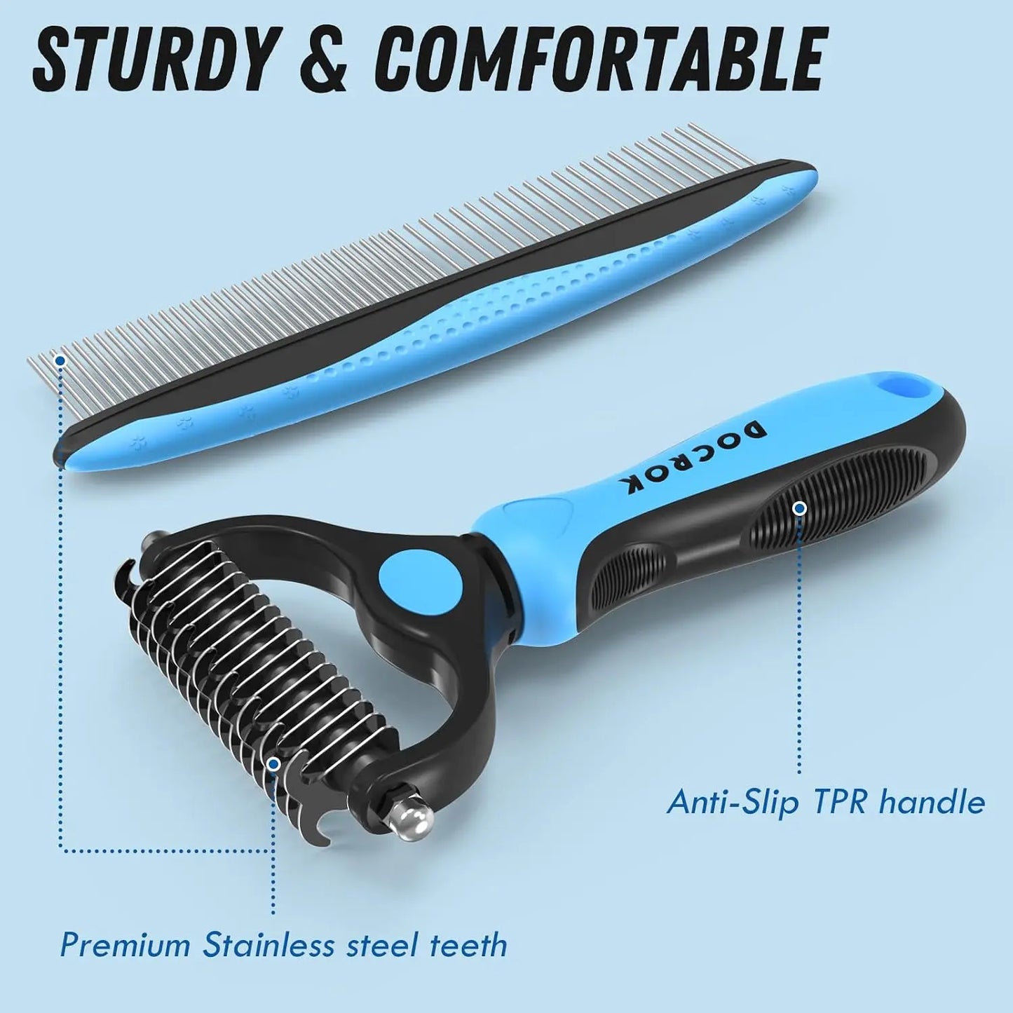 Blue Deshedding Brush And Metal Comb For Detangling And Dematting Long Fur