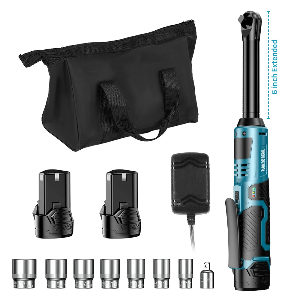 SEESII 12V Cordless 3/8 Inch Extended Ratchet Wrench 55Nm With 2 Batteries