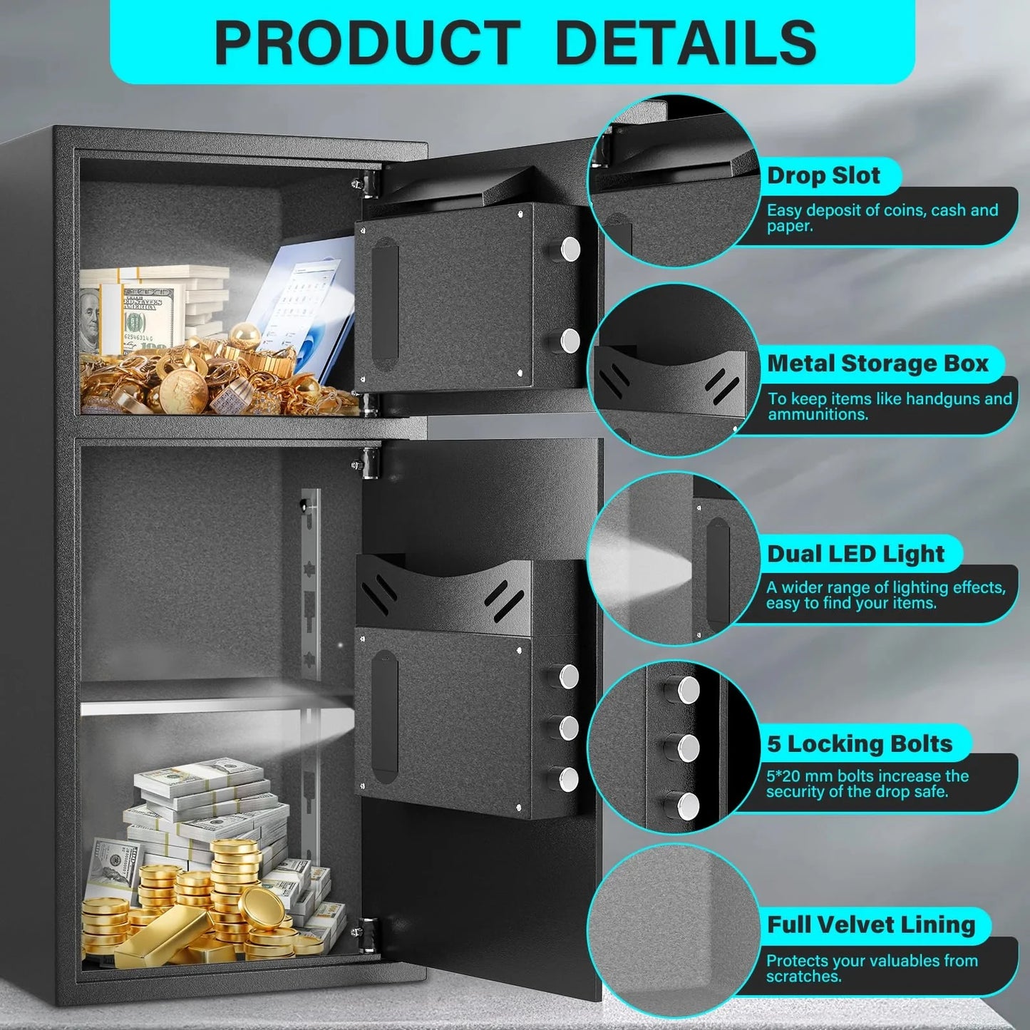 6.0 Cu Ft Extra Large Digital Safe Box With Deposit Slot Fireproof Waterproof Bag