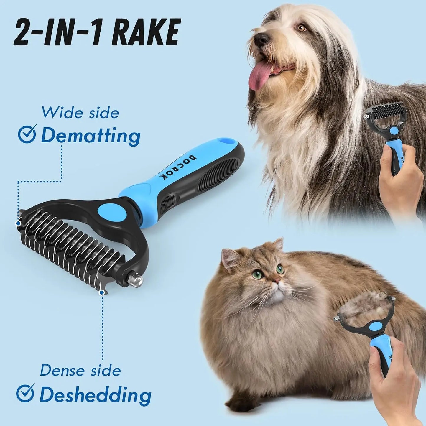 Blue Deshedding Brush And Metal Comb For Detangling And Dematting Long Fur