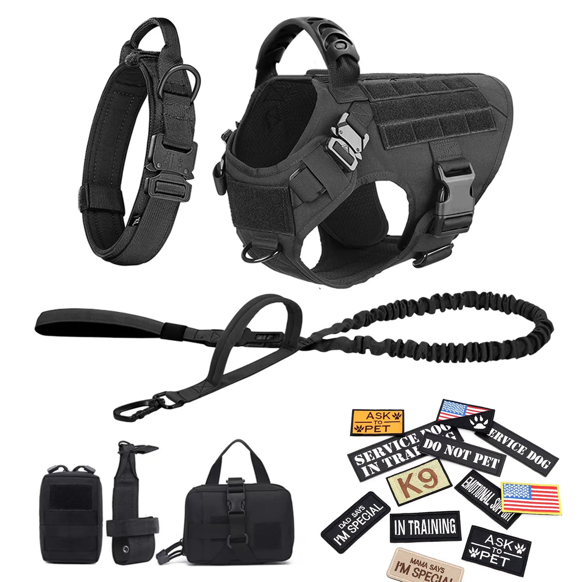 Tactical Dog Harness Vest Set Padded Nylon Quick Release For Large Breeds