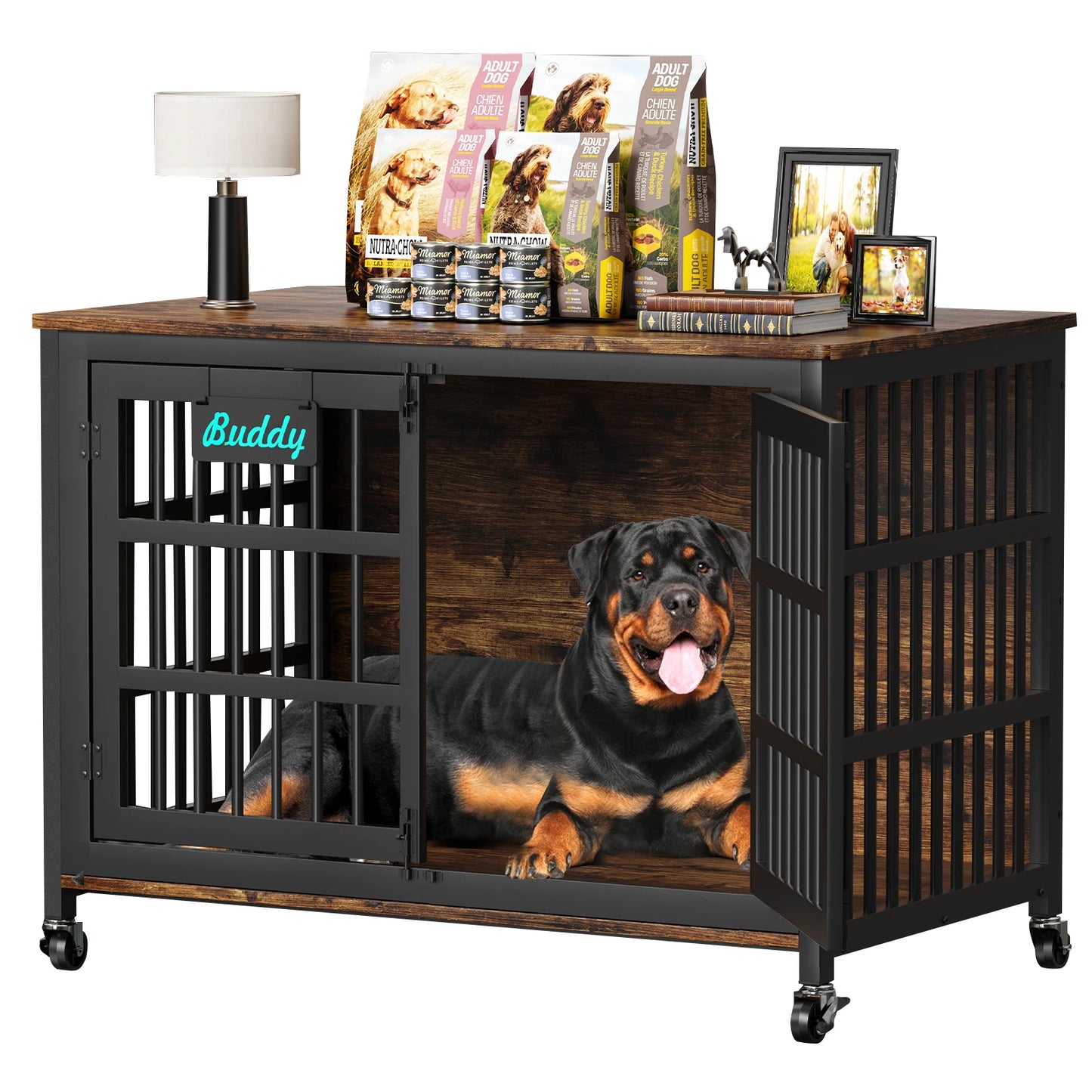 Dog Crate Furniture Casters Heavy Duty Kennel For Large Medium Dogs TV Stand
