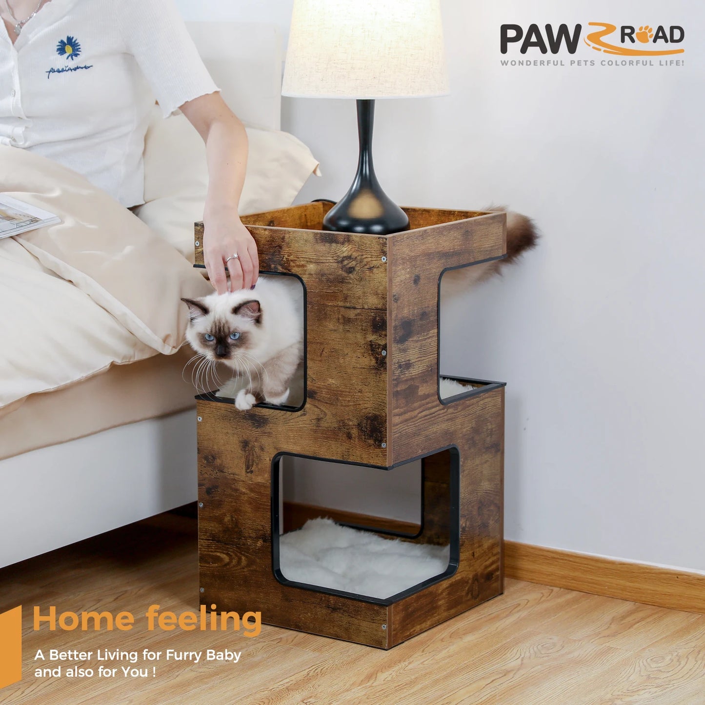 Wood Cat Condo House Bed With Removable Soft Mats Cat Tree Tower Scratcher