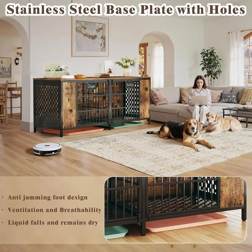 Large Double Dog Cage Metal Wood With Removable Divider Indoor Heavy Duty