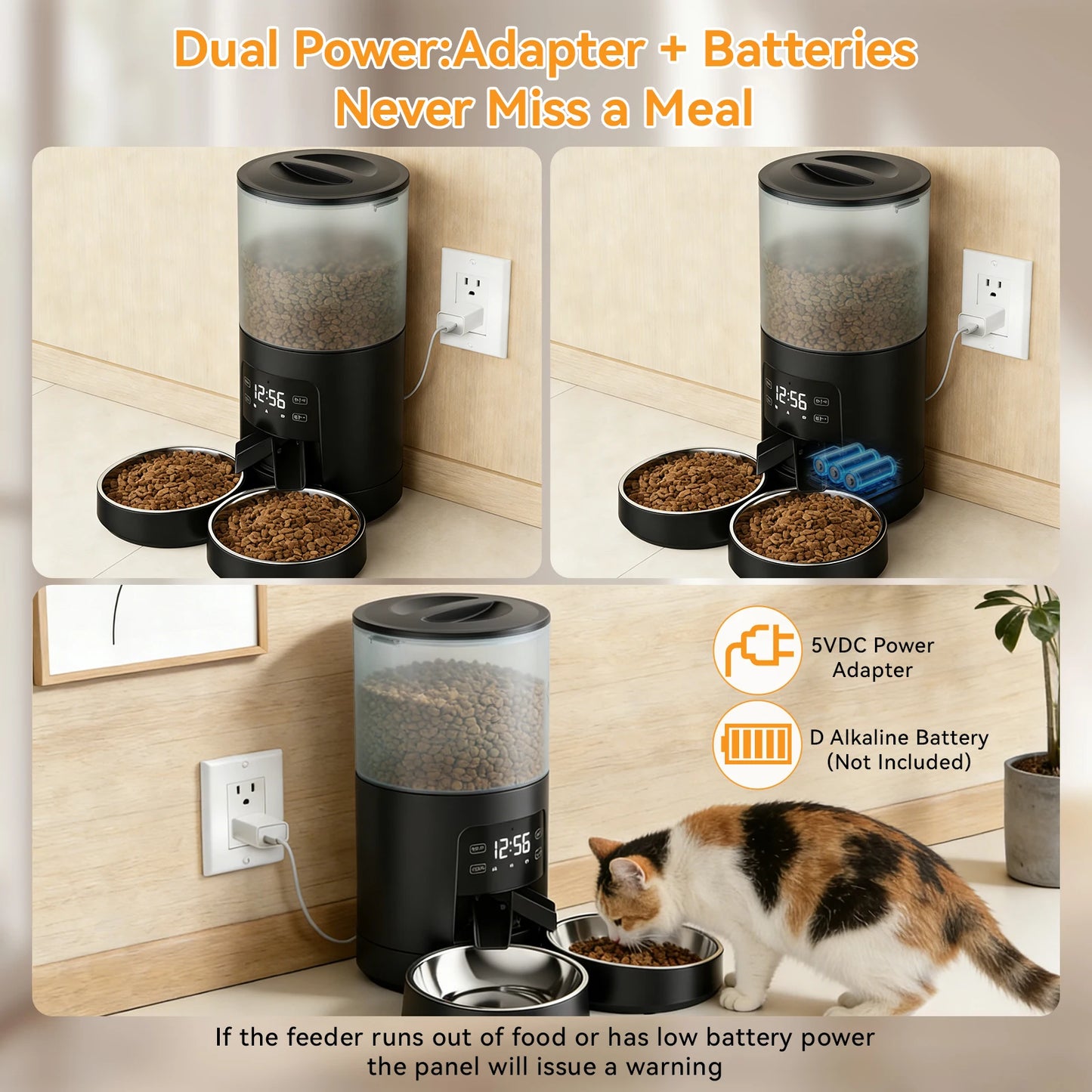 JHK 6L Automatic Cat Feeder With Dual Stainless Bowls Timed Dispenser