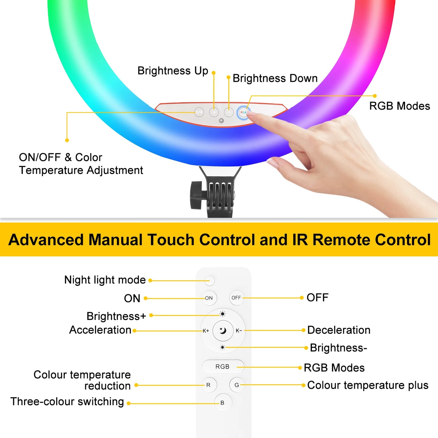 18 Inch Ring Light With RGB Color Modes 1.86m Foldable Tripod 3 Phone Mounts