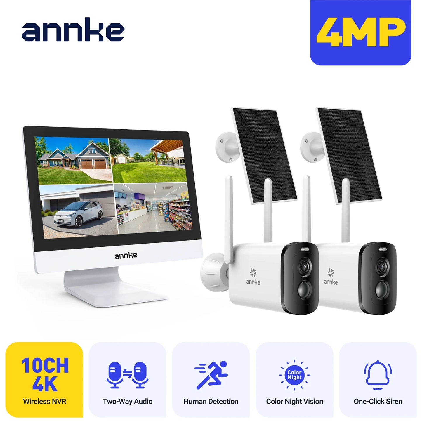 Annke 4MP Solar Security Cameras 12 Inch LCD PTZ WiFi Color Night Vision PIR