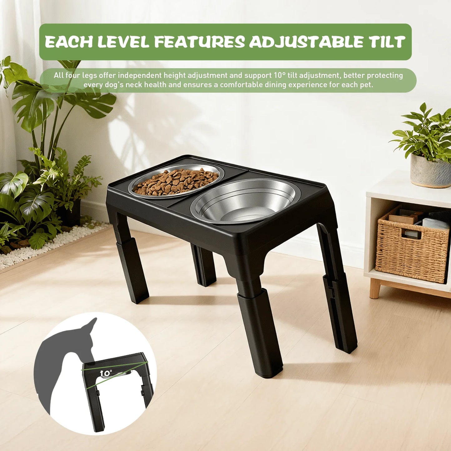 Elevated Dog Bowls Adjustable 5 Height Raised Feeder 2 Stainless Steel Bowls