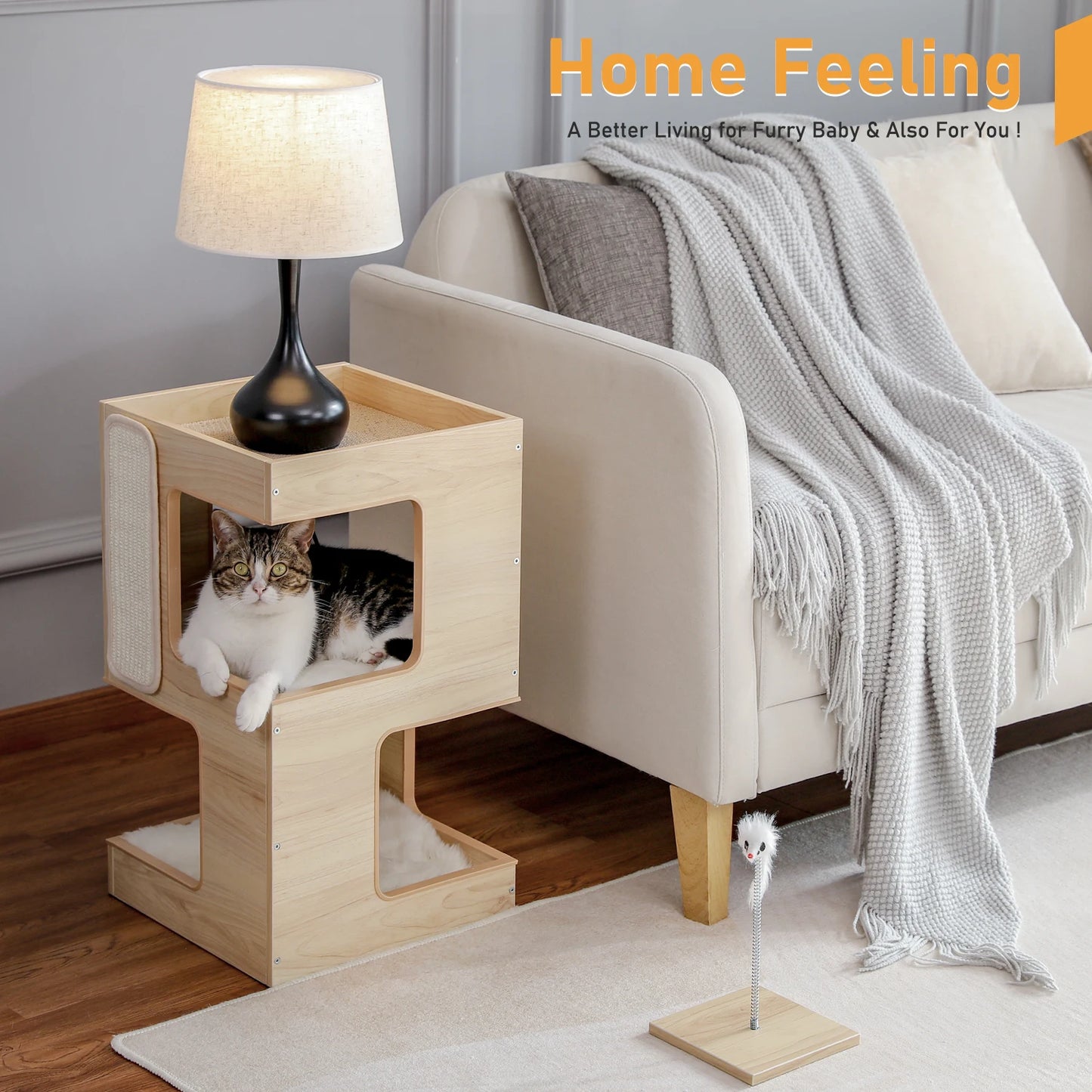 Wood Cat Condo House Bed With Removable Soft Mats Cat Tree Tower Scratcher