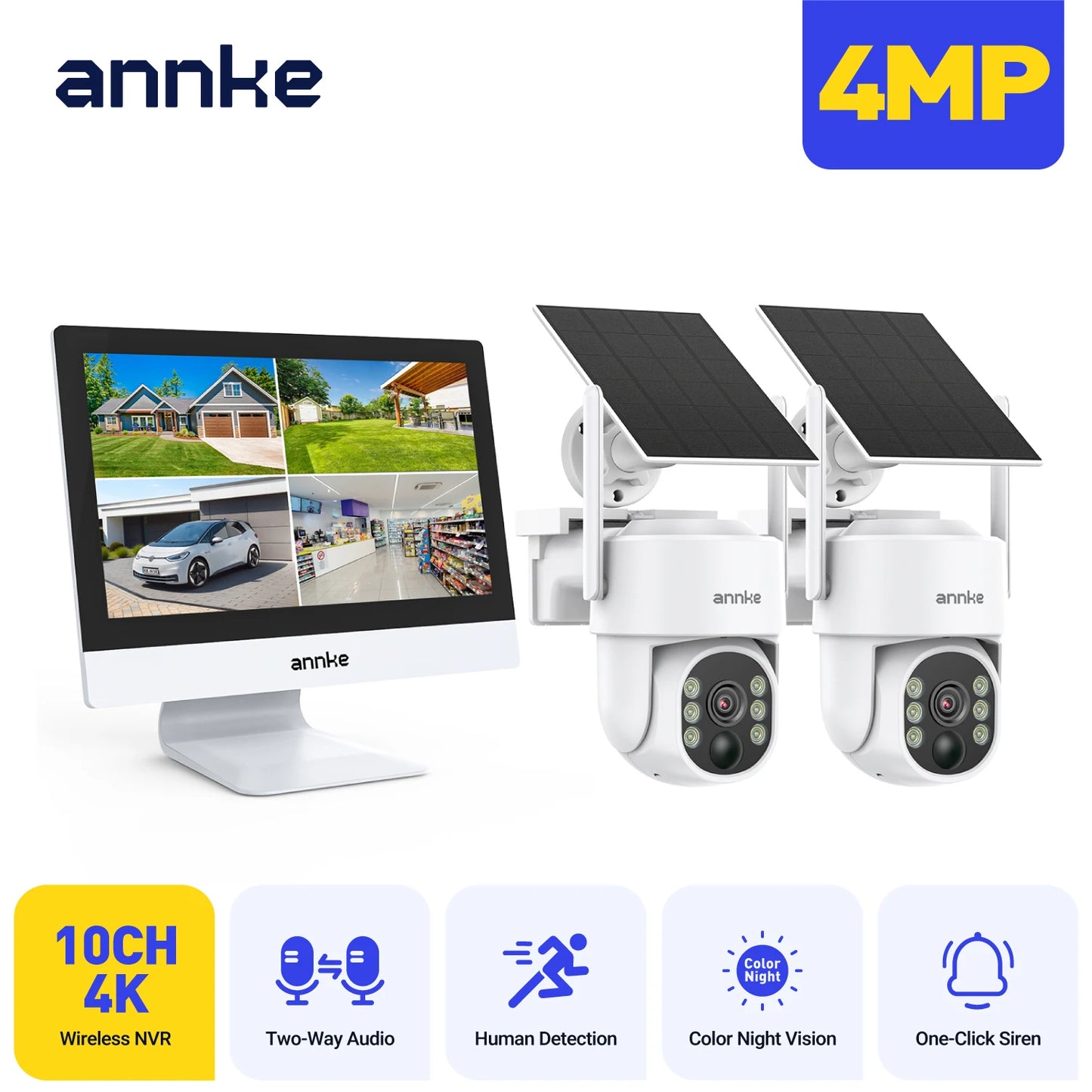 Annke 4MP Solar Security Cameras 12 Inch LCD PTZ WiFi Color Night Vision PIR