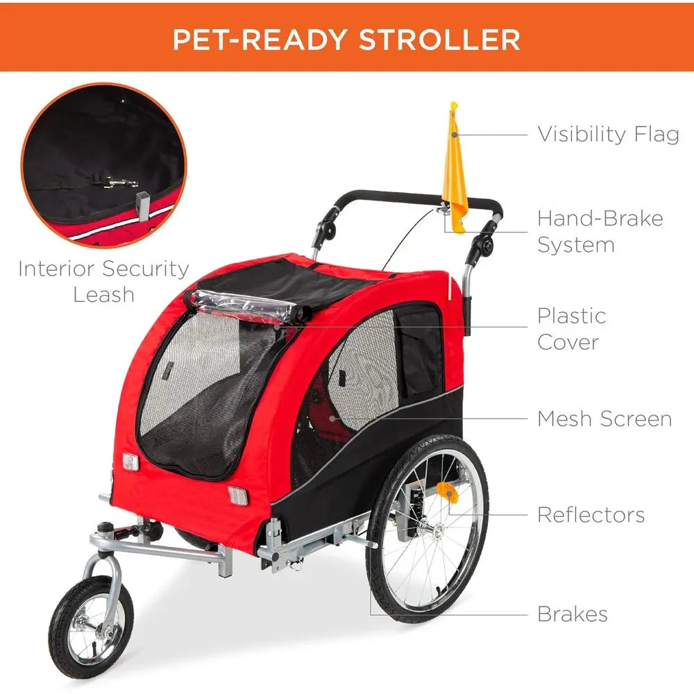 Red 2 In 1 Dog Bike Trailer Pet Stroller With Hitch And Suspension