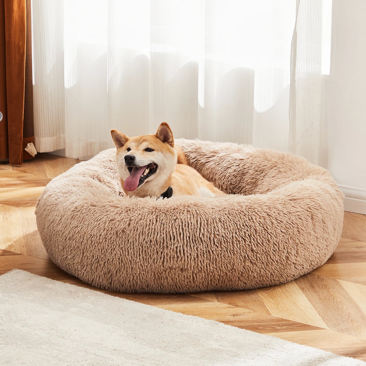 JHK Calming Dog Bed For Medium To Large Dogs Washable Round Plush Faux Fur