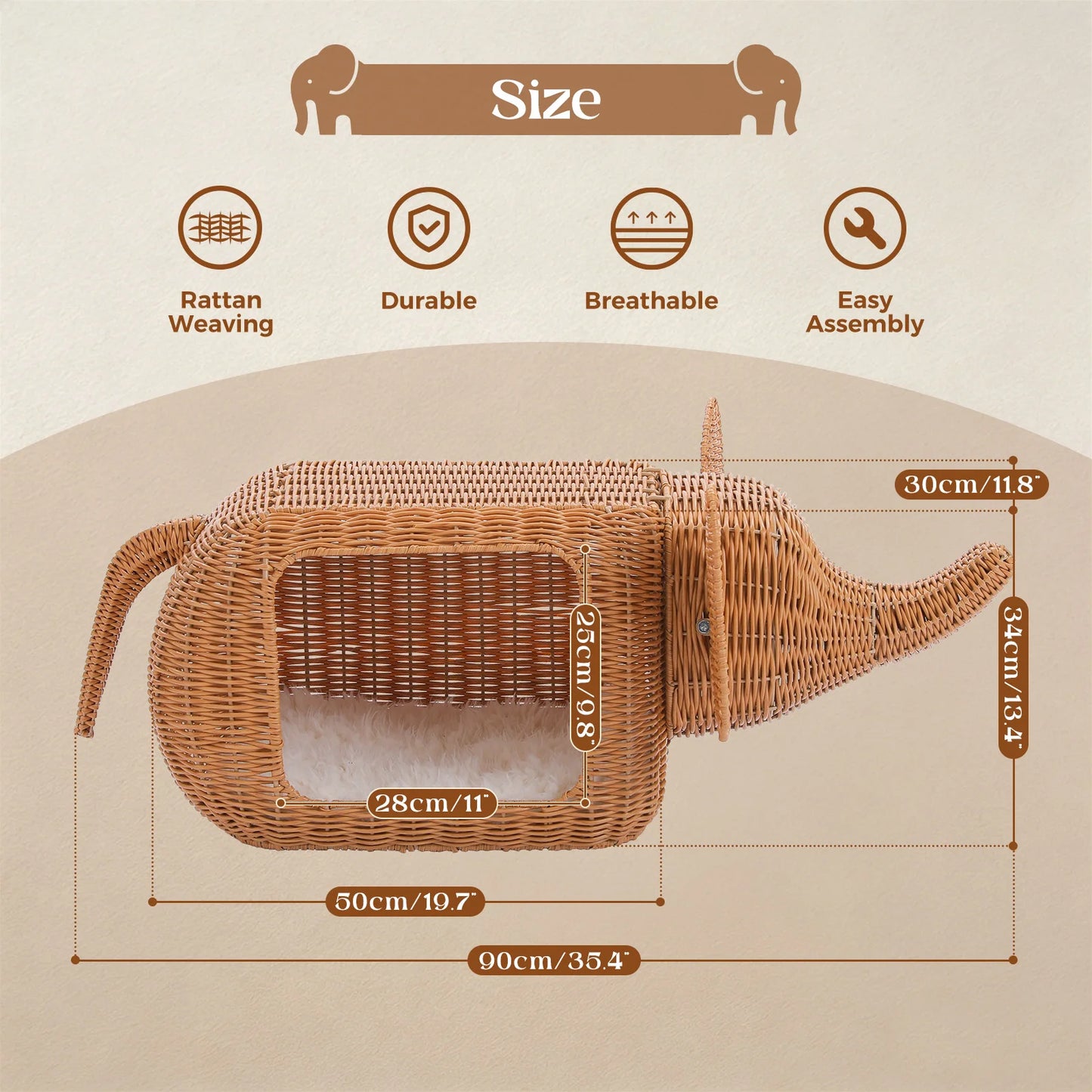 Handmade Elephant Rattan Cat Condo Bed Plush Cushioned Indoor Shelter For Large Cats