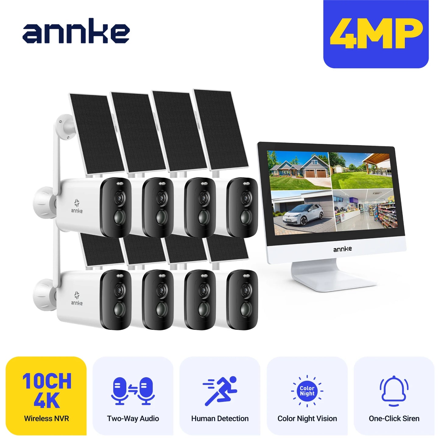 Annke 4MP Solar Security Cameras 12 Inch LCD PTZ WiFi Color Night Vision PIR