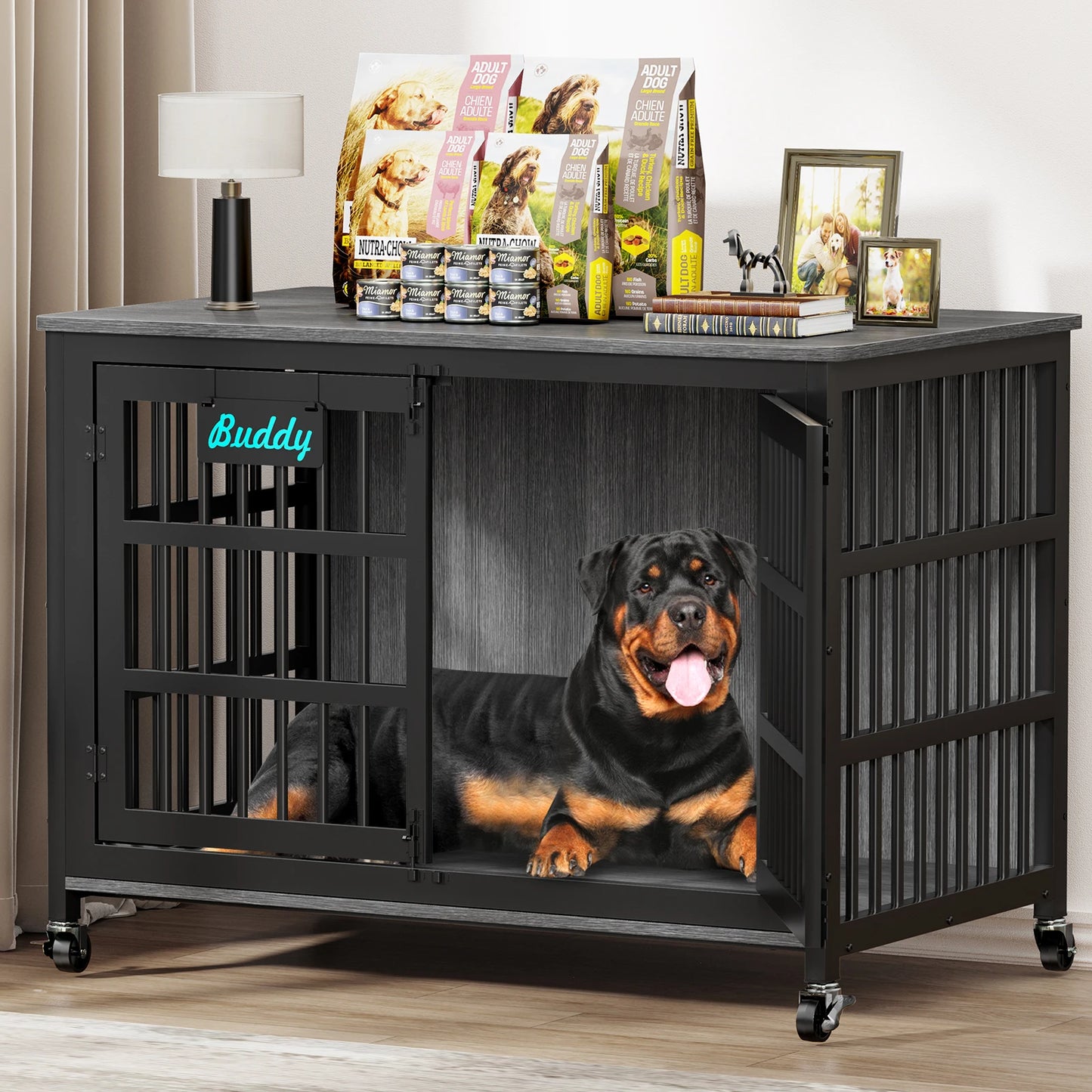 Dog Crate Furniture Casters Heavy Duty Kennel For Large Medium Dogs TV Stand