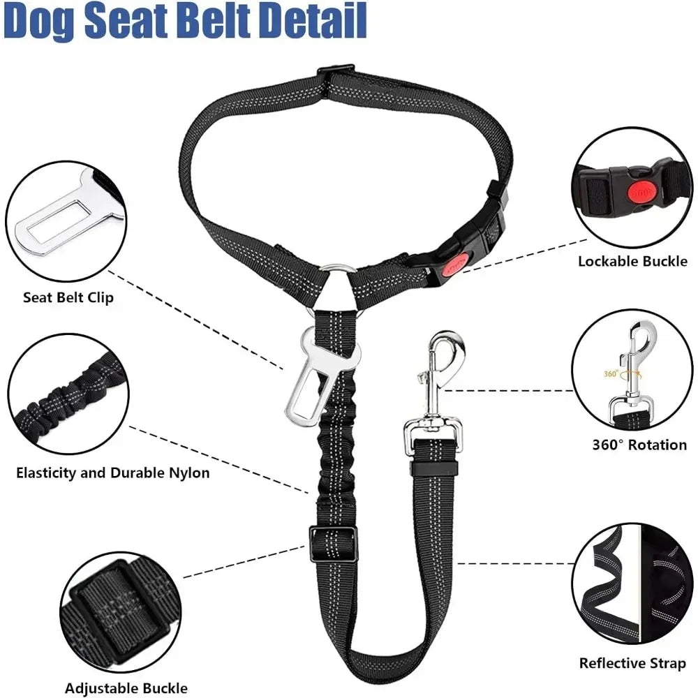2 In One Dog Car Seat Belt Headrest Restraint Reflective Adjustable Clip Buckle