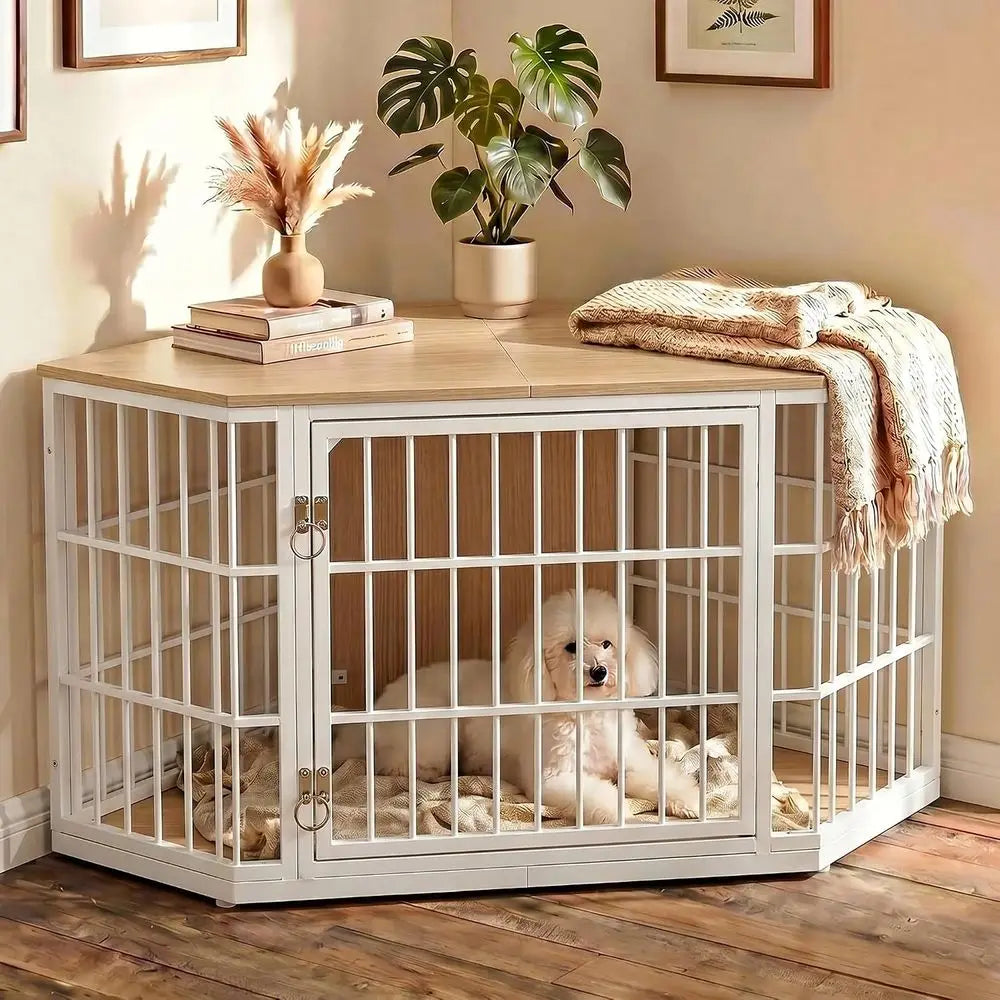 52 Inch Wooden Dog Crate And Side Table For Large Indoor Pets