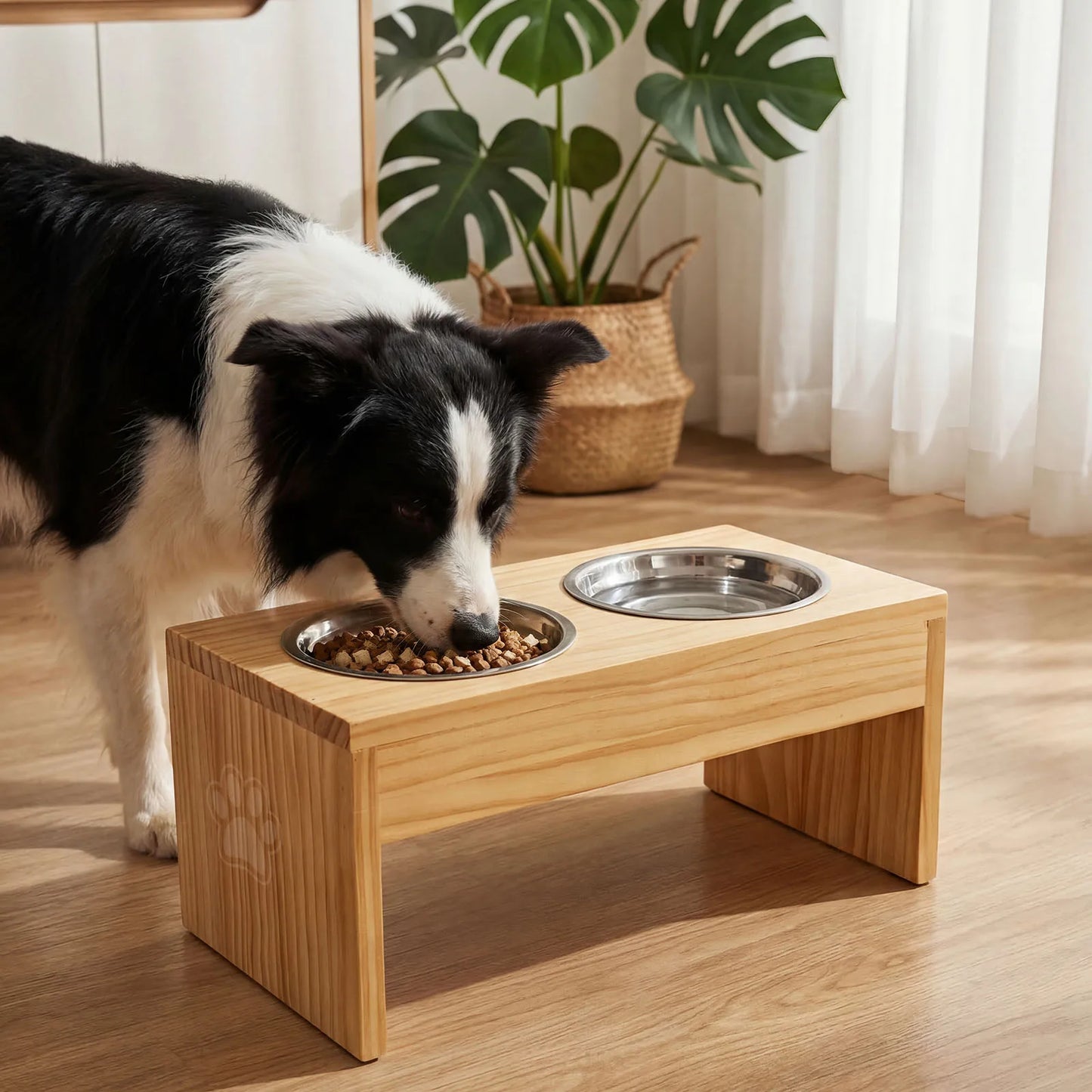 Wooden Elevated Dog Bowls Stainless Steel Double Bowls Non Slip Raised Feeder