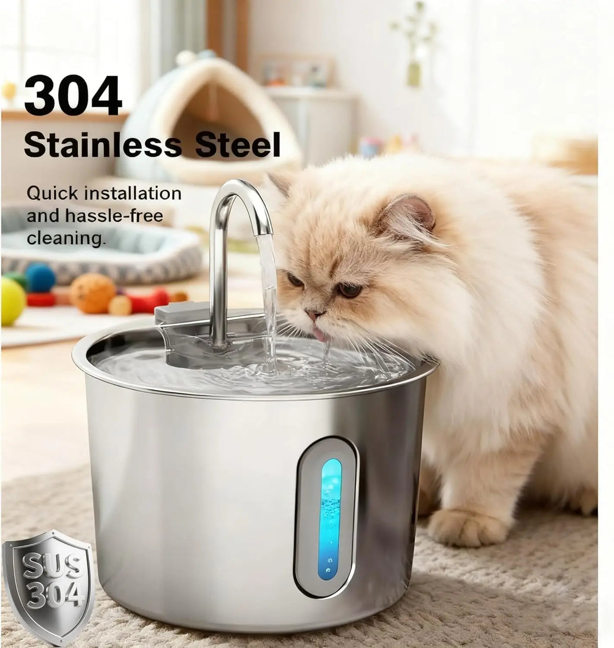Stainless Steel Cat Water Fountain 74oz 2.2L Quiet Pet Dispenser