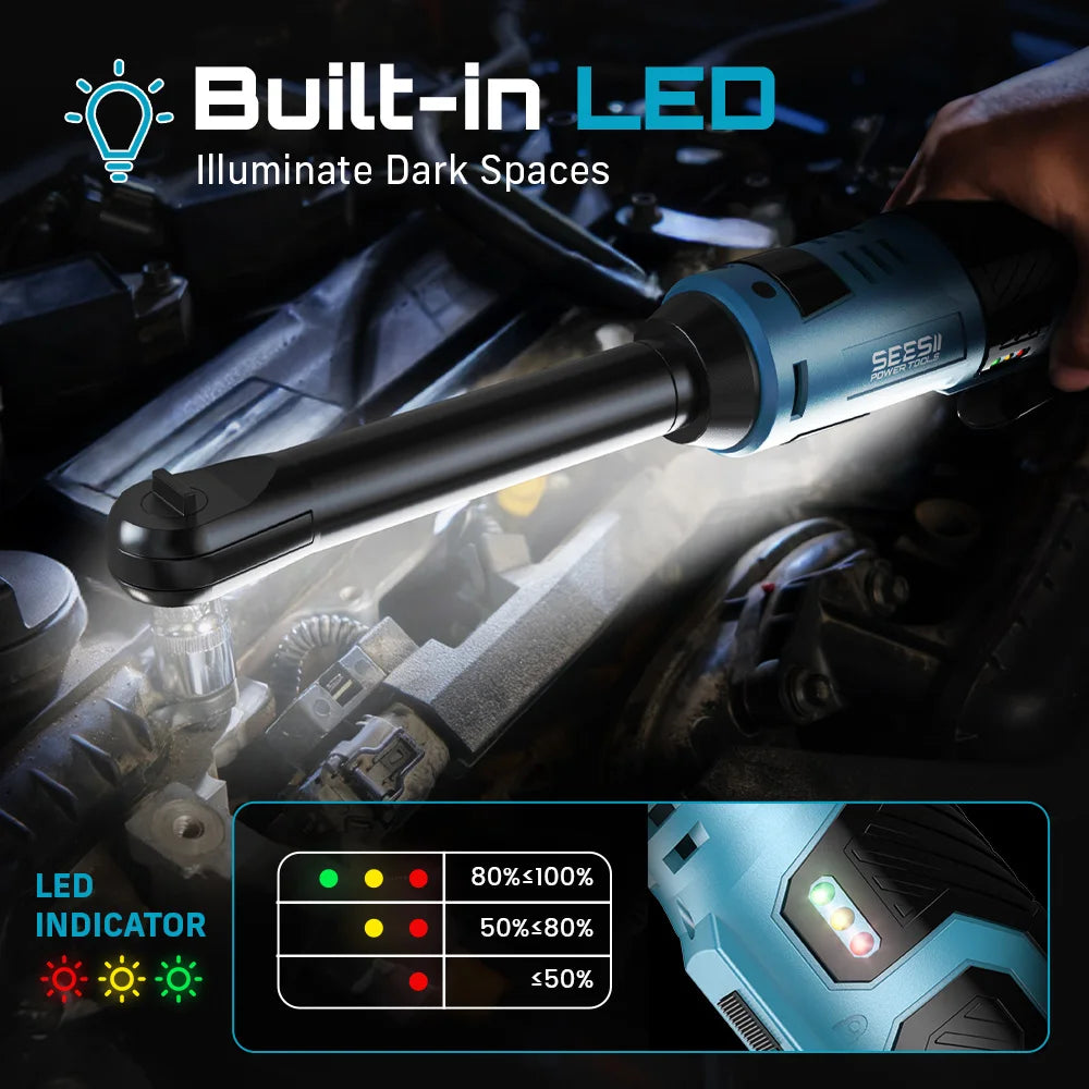 SEESII 12V Cordless 3/8 Inch Extended Ratchet Wrench 55Nm With 2 Batteries