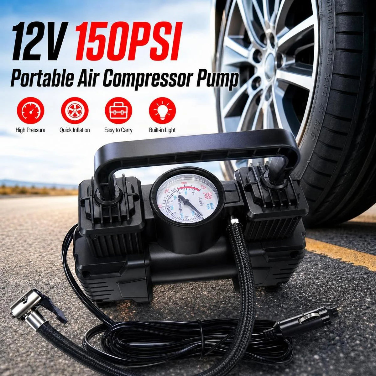 12V 150PSI Electric Tire Inflator Air Pump With LED Light For Car And Bicycle