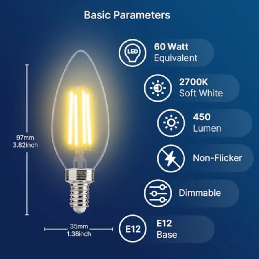 60W Equivalent LED Chandelier Bulbs Dimmable E12 B11 Clear Filament 6 Pack