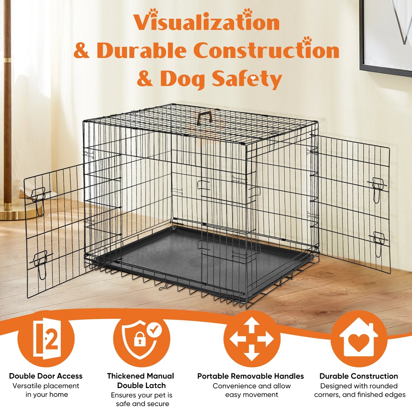JHK 48 Inch Double Door Folding Metal Wire Dog Cage with Leak Proof Pan