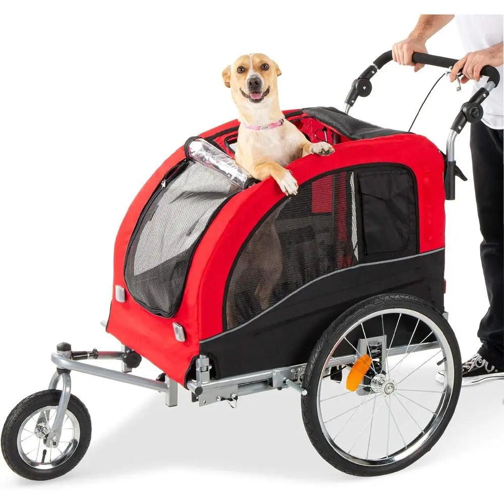 Red 2 In 1 Dog Bike Trailer Pet Stroller With Hitch And Suspension