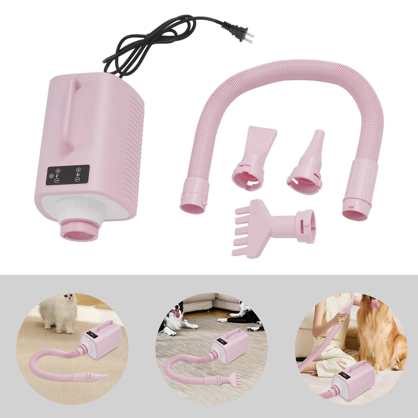 9 Speed Pet Dog Hair Dryer 3 Nozzles 6.56ft Hose Adjustable Temp 77-140F
