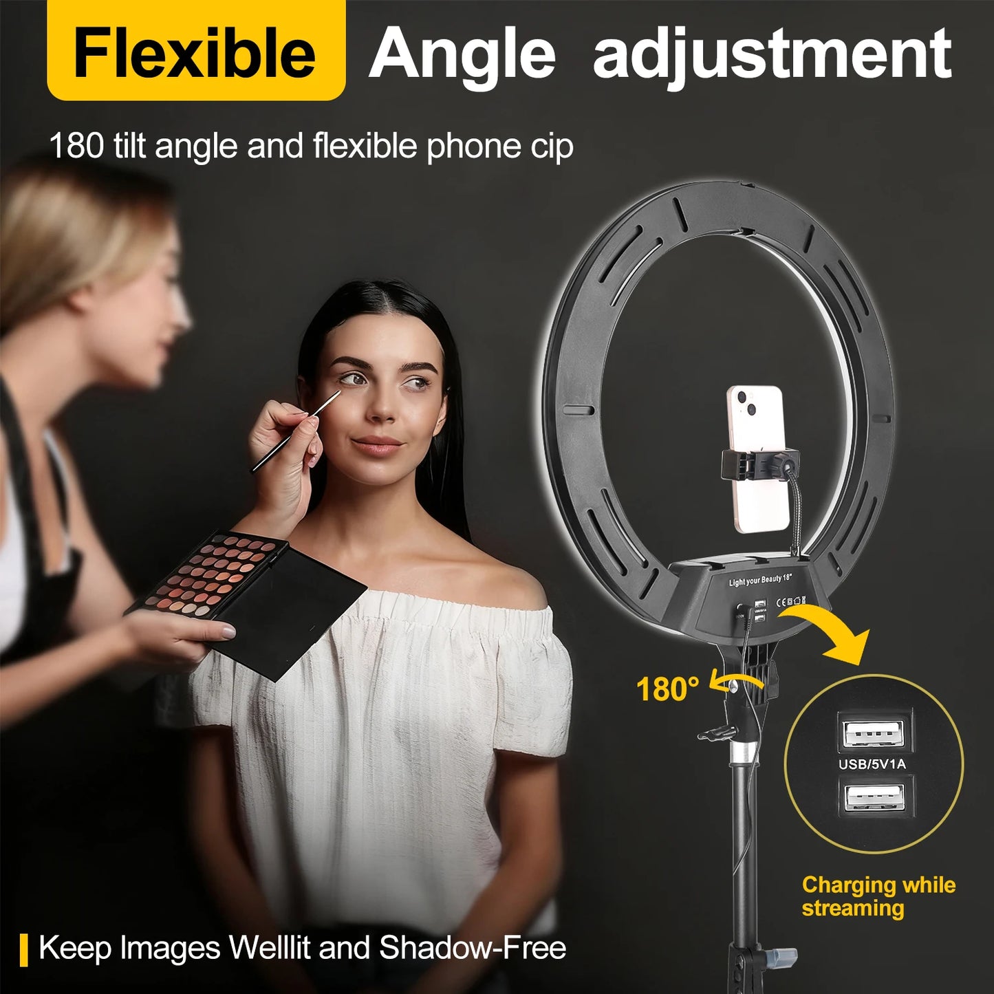 18 Inch Ring Light With RGB Color Modes 1.86m Foldable Tripod 3 Phone Mounts