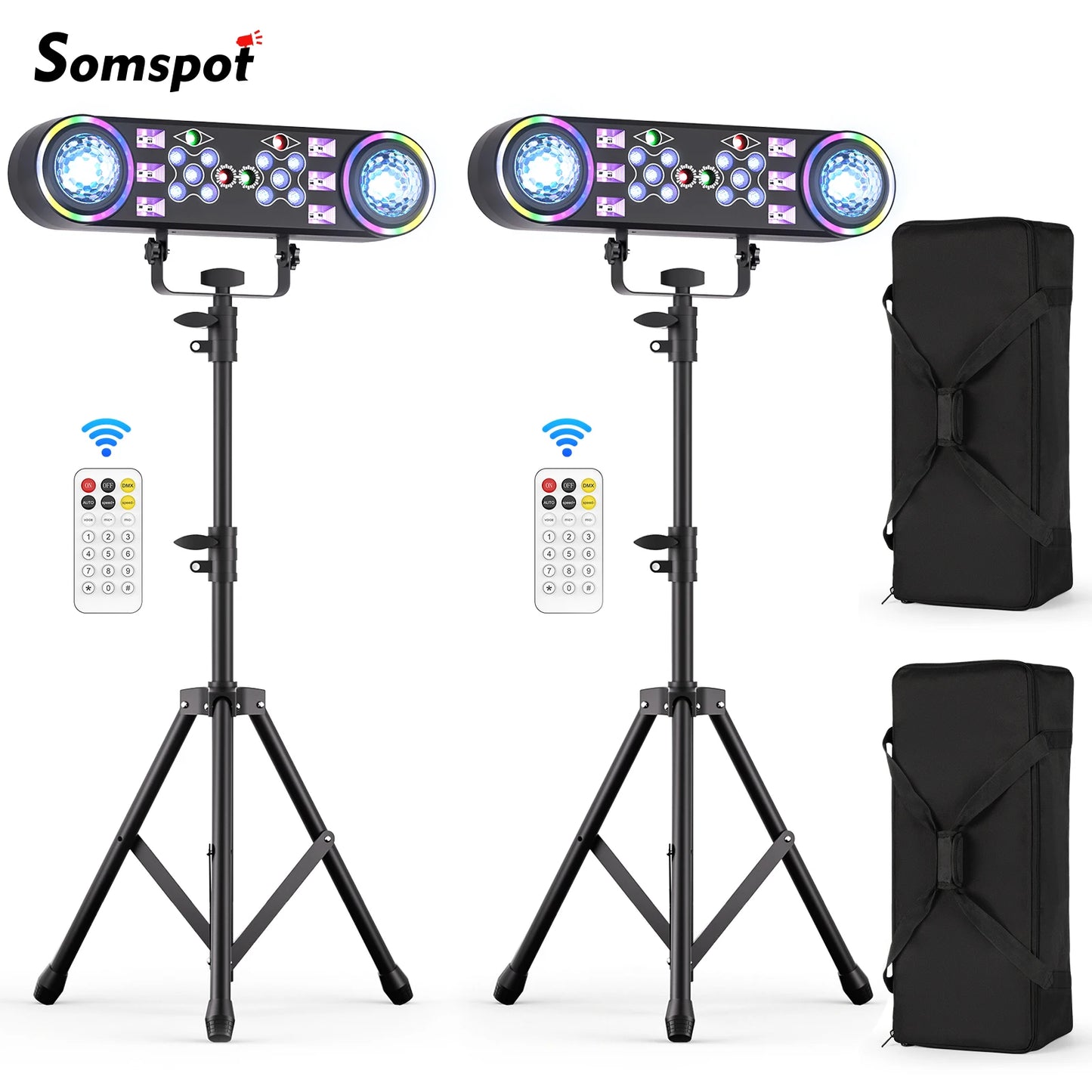 2 Pack 7 In 1 RGBW LED Light Stand Kit With Bag And Remote DJ Disco Party Lights