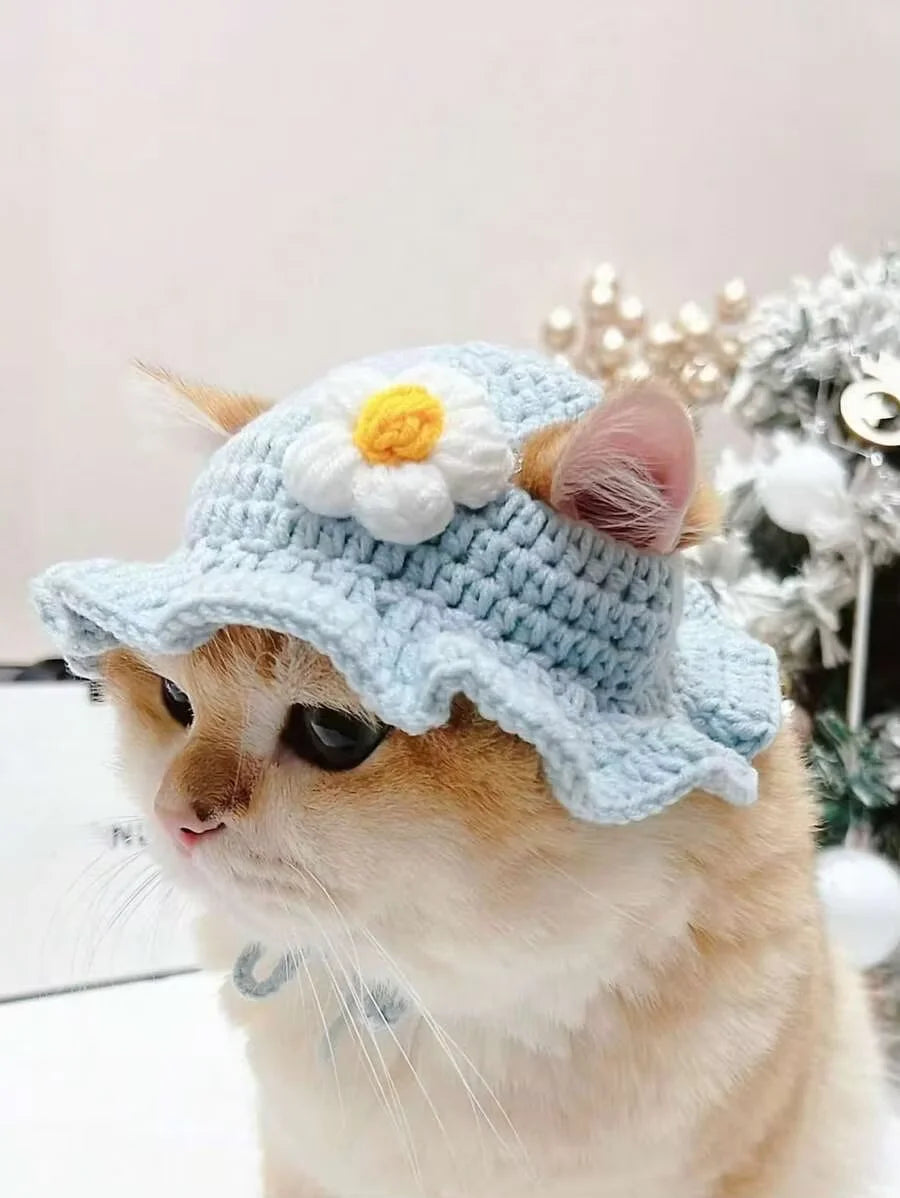 Cozy Knitted Wool Hat With Floral Trim For Cats And Small Dogs