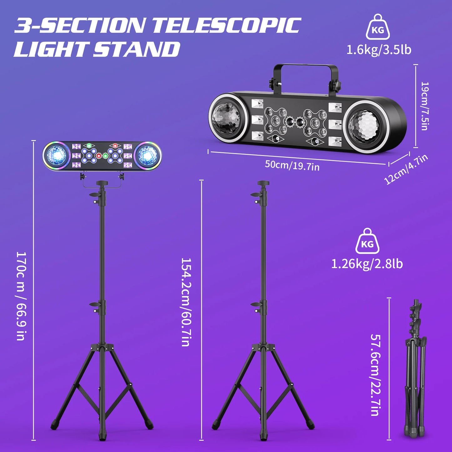 2 Pack 7 In 1 RGBW LED Light Stand Kit With Bag And Remote DJ Disco Party Lights