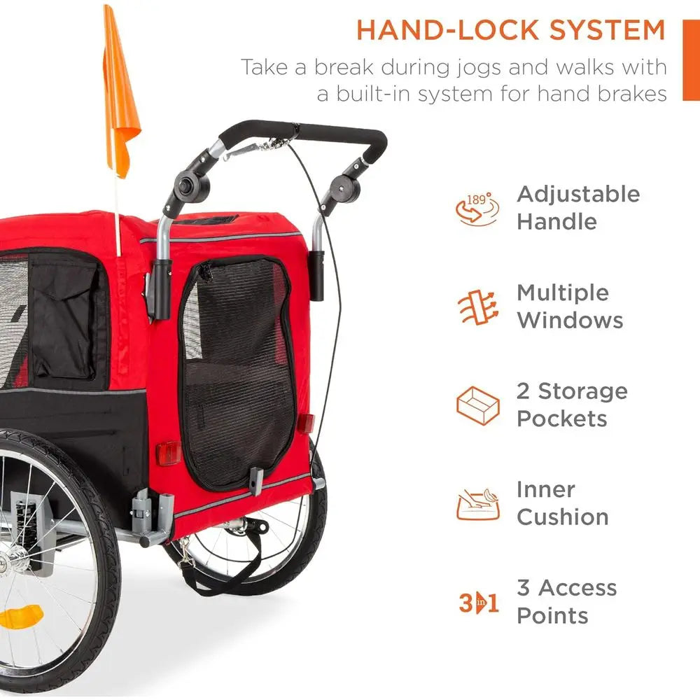 Red 2 In 1 Dog Bike Trailer Pet Stroller With Hitch And Suspension