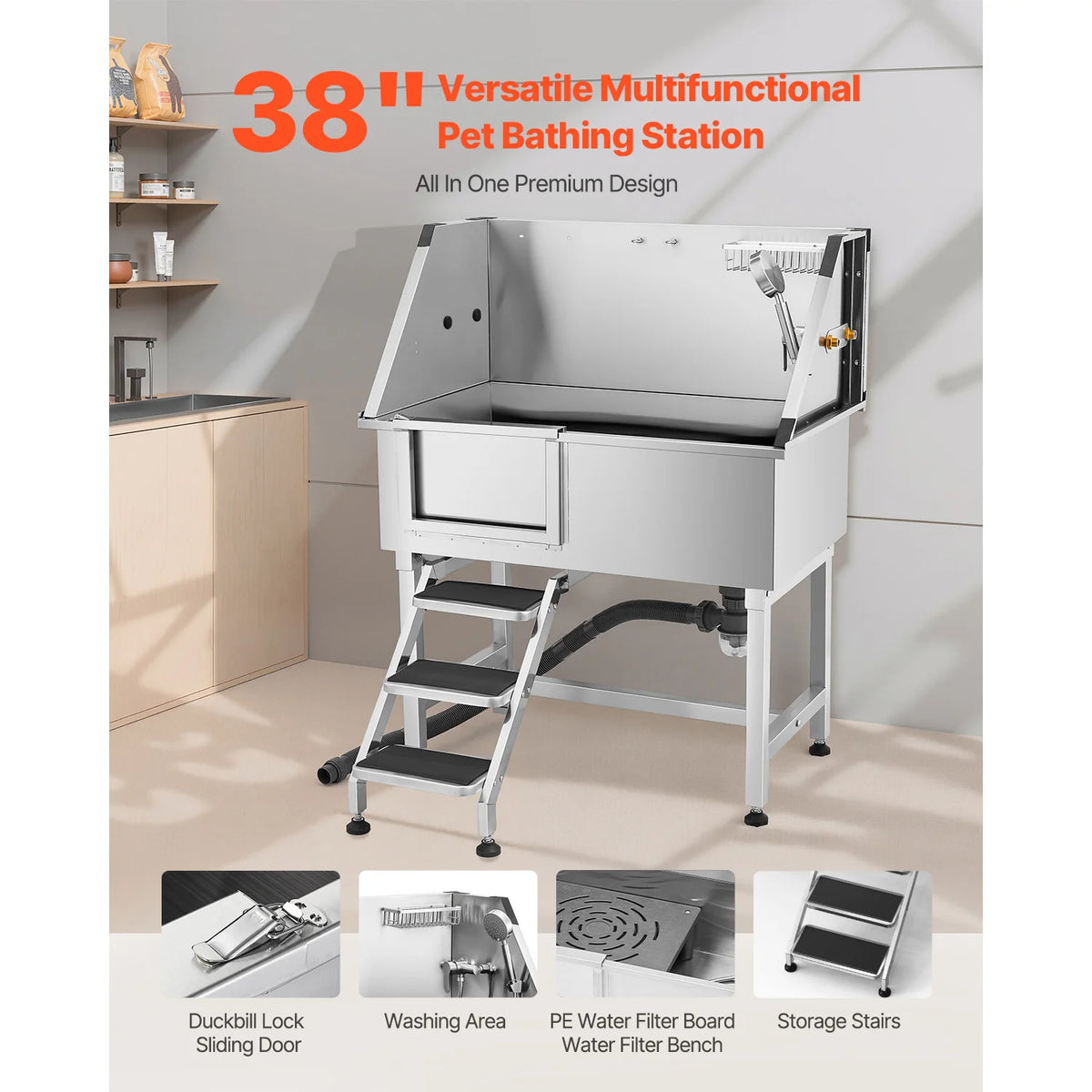 Stainless Steel Dog Washing Station With Shower And Storage Stairs