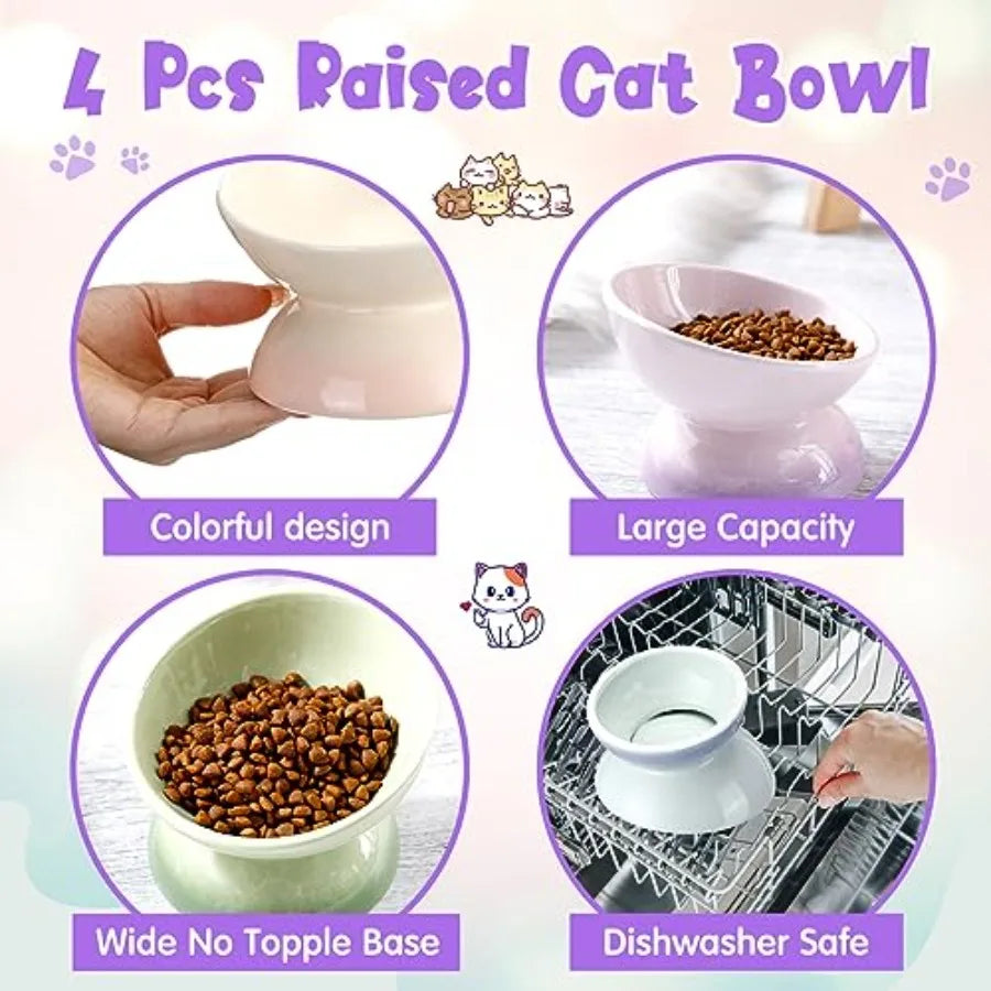 4 Pack Raised Cat Bowls Elevated Tilted Design For Anti Vomiting Food And Water