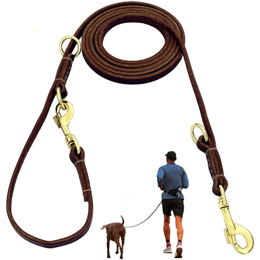 Genuine Leather Double Dog Leash Hands Free Running Leash For Two Dogs
