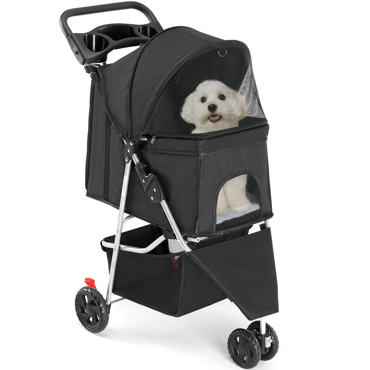3 Wheel Foldable Pet Stroller For Small Dogs With Cushioned Wheels And Basket