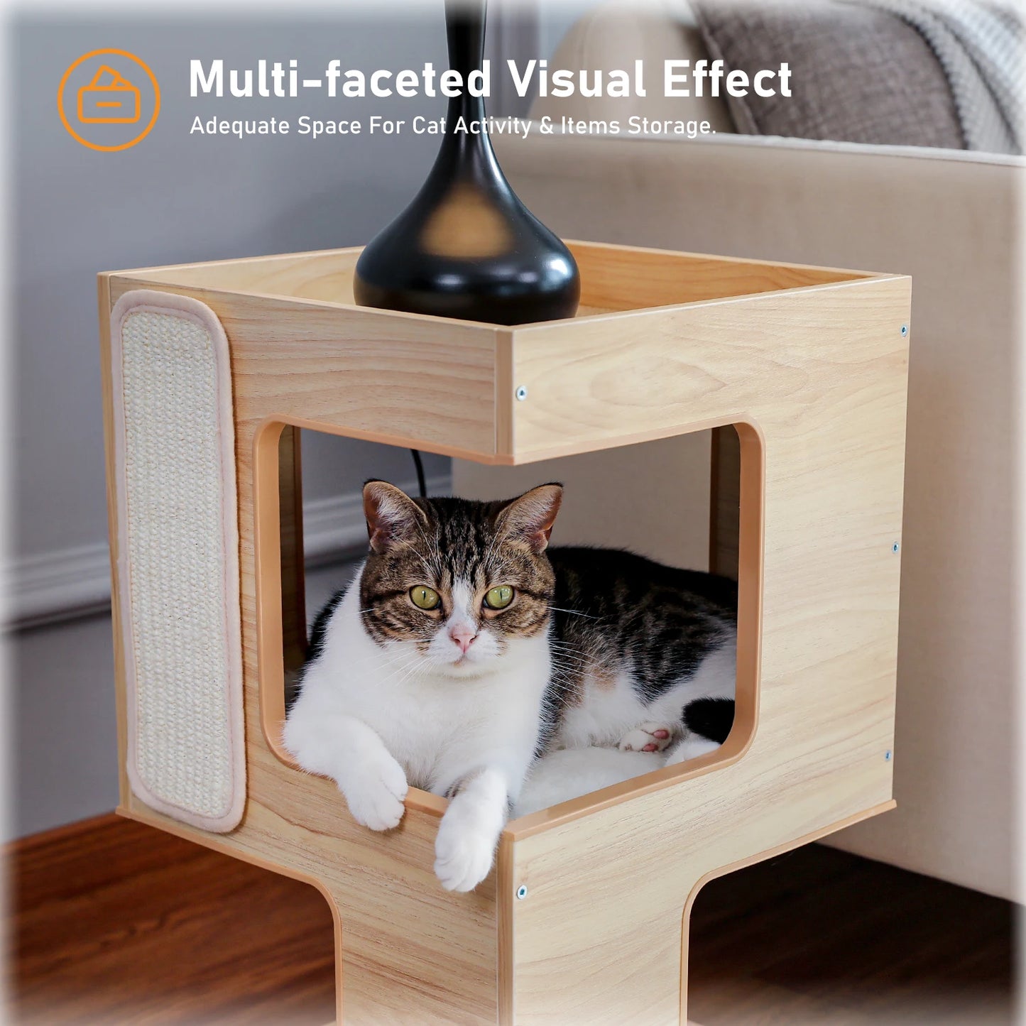Wood Cat Condo House Bed With Removable Soft Mats Cat Tree Tower Scratcher