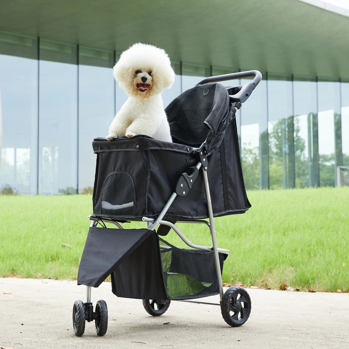 Foldable Pet Stroller For Small Dogs With 3 Wheel Design And Storage Basket