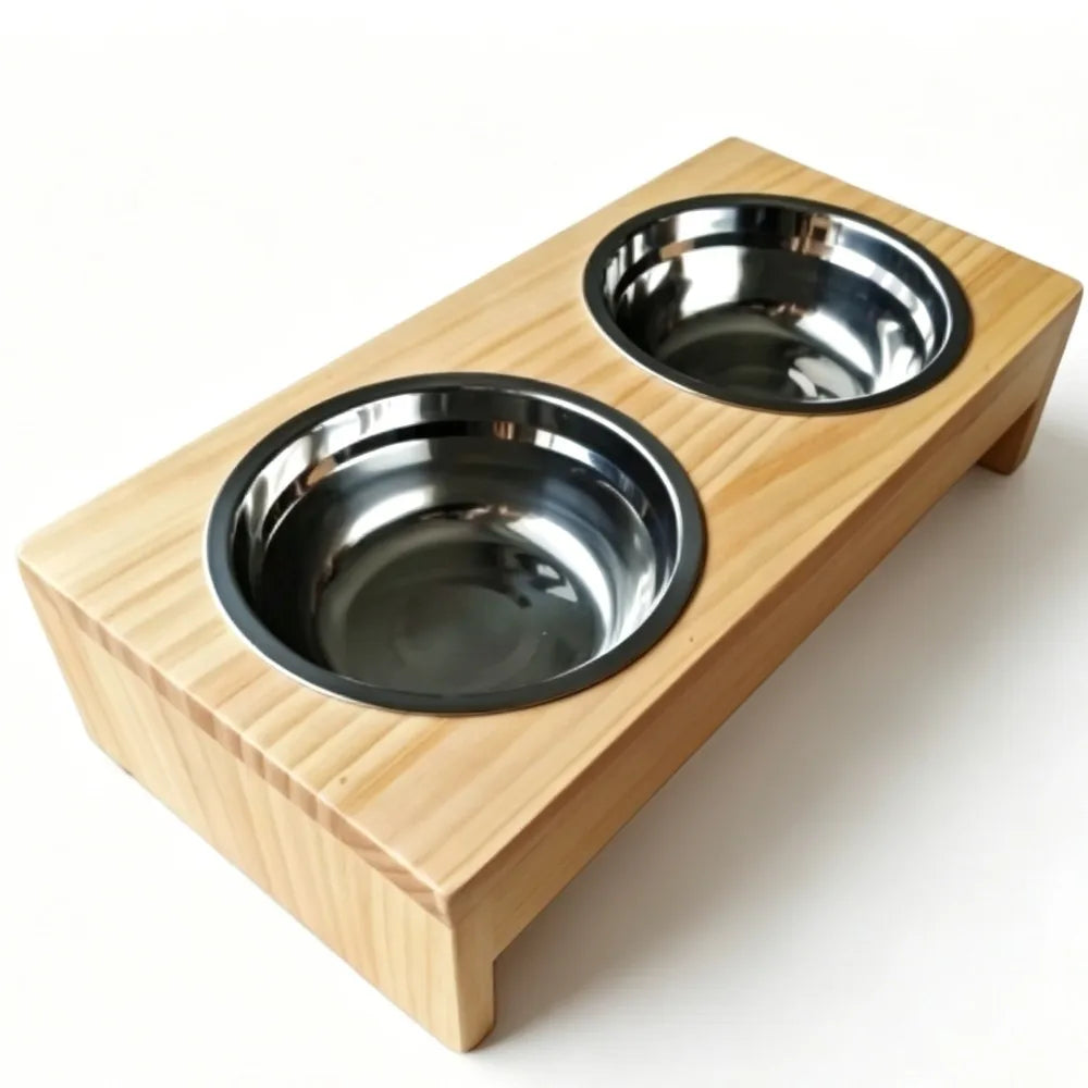 Wooden Elevated Dog Bowls Stainless Steel Double Bowls Non Slip Raised Feeder
