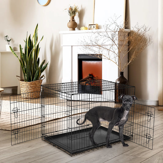 JHK 48 Inch Double Door Folding Metal Wire Dog Cage with Leak Proof Pan