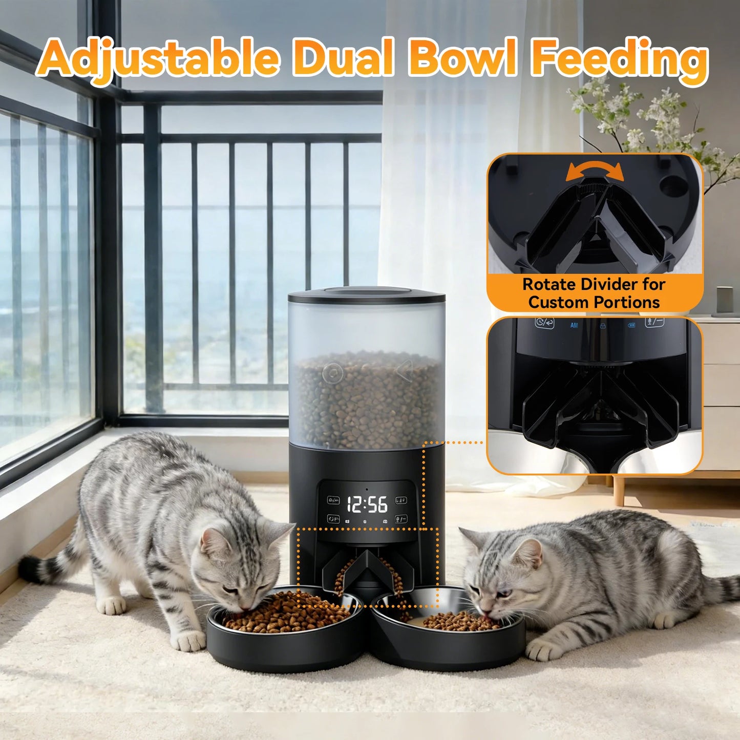 JHK 6L Automatic Cat Feeder With Dual Stainless Bowls Timed Dispenser