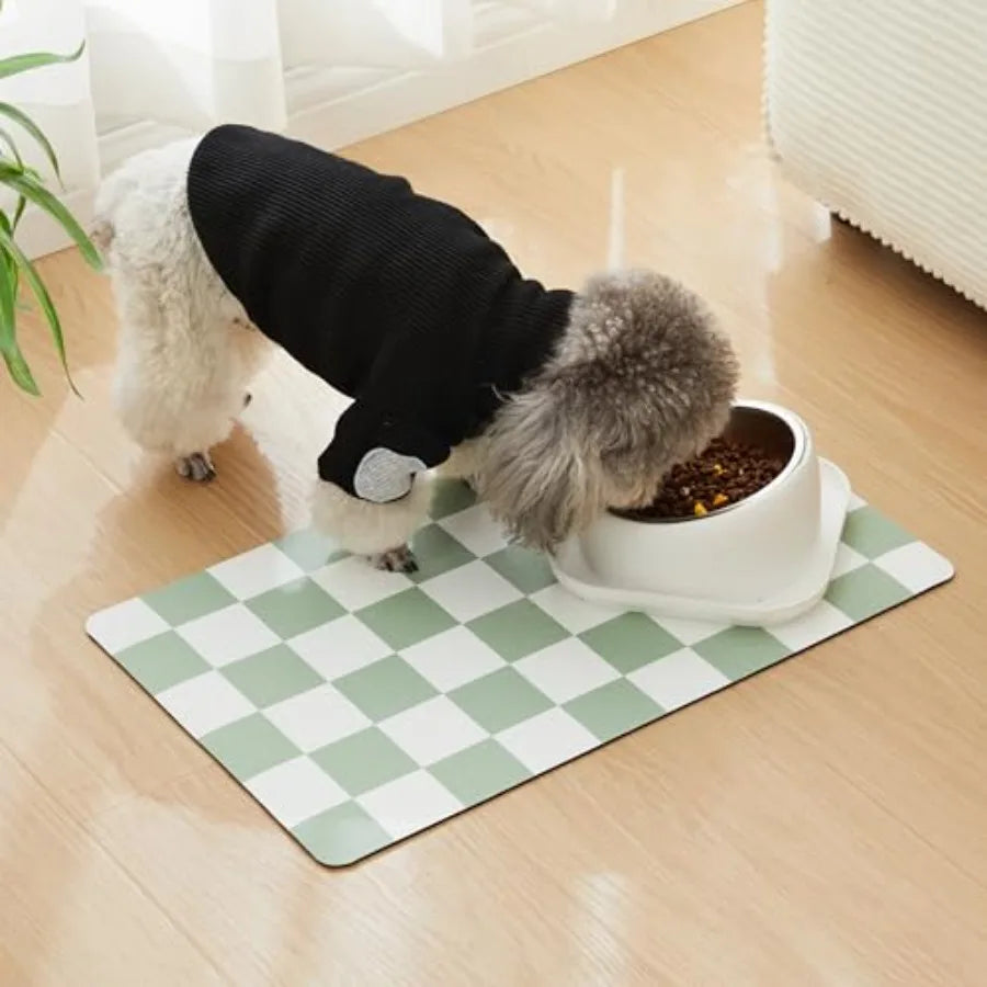 Checkered Dog Feeding Mat Absorbent Pad For Food And Water Bowls Green