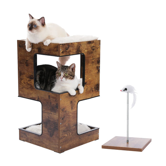 Wood Cat Condo House Bed With Removable Mats Cat Tree Tower And Scratching Pad