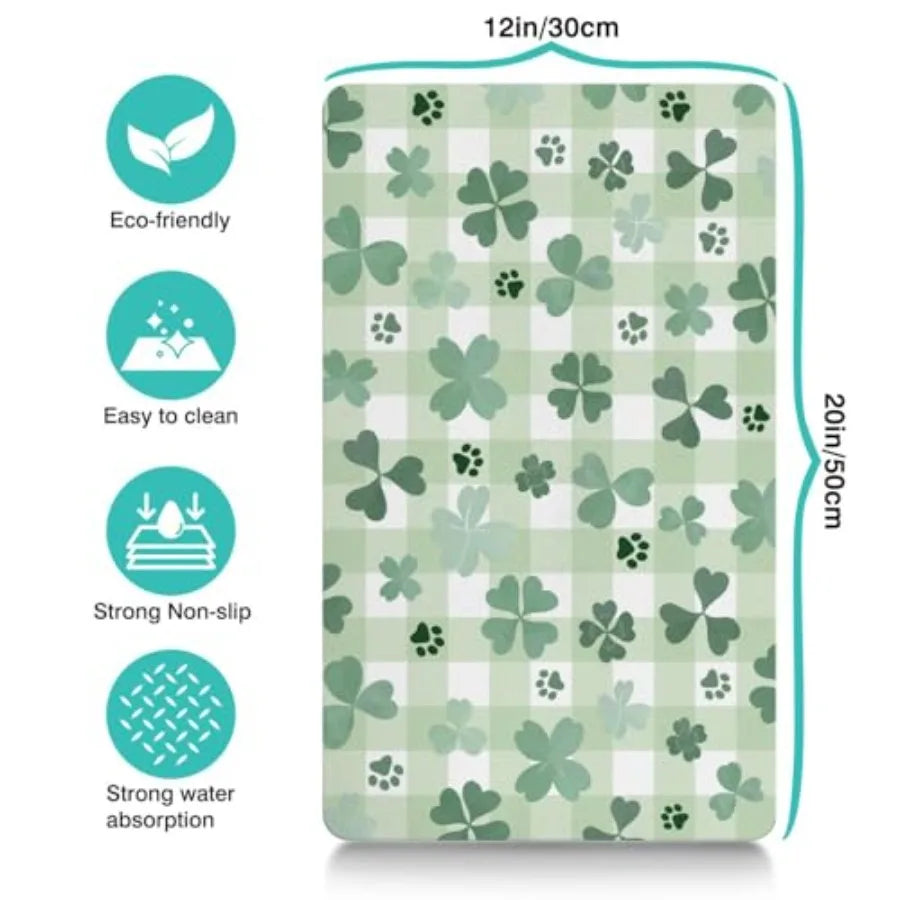 St Patrick Day Dog Food And Water Mat Green Paw Prints Clover Non Slip Waterproof