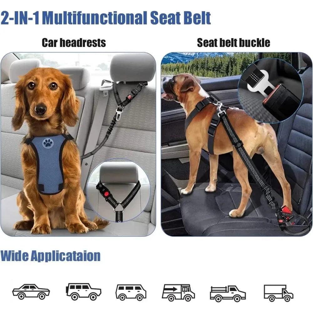 2 In One Dog Car Seat Belt Headrest Restraint Reflective Adjustable Clip Buckle
