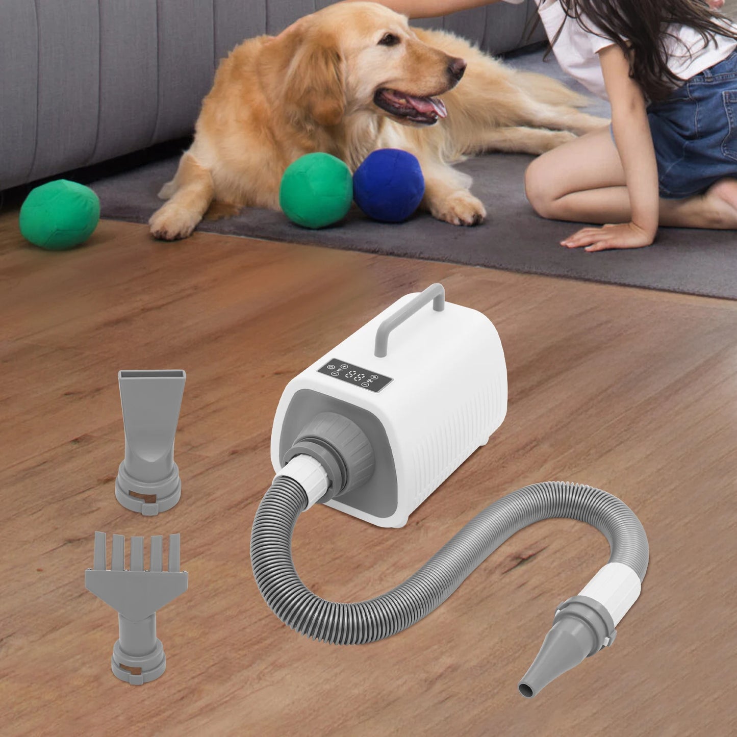 9 Speed Pet Dog Hair Dryer 3 Nozzles 6.56ft Hose Adjustable Temp 77-140F