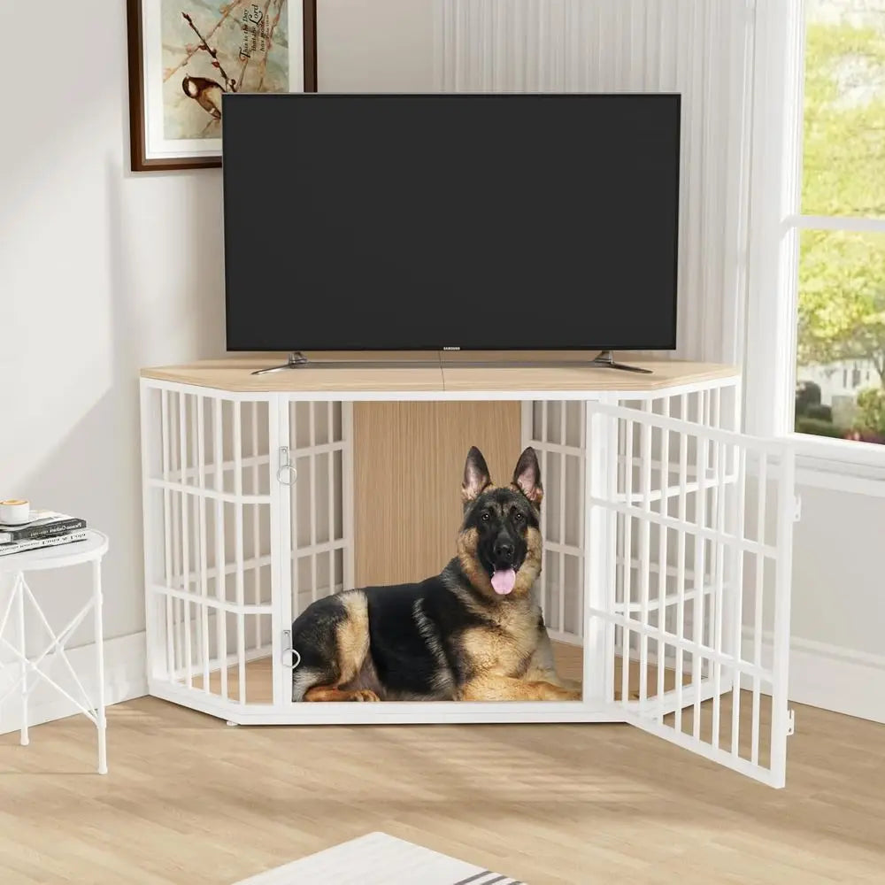 52 Inch Wooden Dog Crate And Side Table For Large Indoor Pets